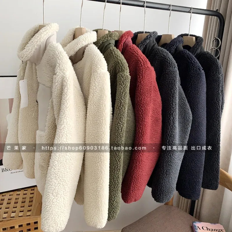 Threebooy Autumn Winter Lambswool Coat Male Loose Windproof Warm Sherpa Stand Collar Polar Fleece Jacket Unisex Simple  Pocket Spliced Top