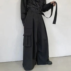 Threebooy Mens Multi-Pocket Loose Casual Skirts Genderless Japanese Harajuku Street Dark Workwear Style Solid Color Wide Leg Pants Unisex