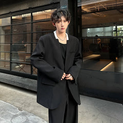 Threebooy Black/White Men Blazer Collarless Contrast Color Streetwear One Button Long Sleeve Fashion Men Casual Suit Jacket 3XL-M