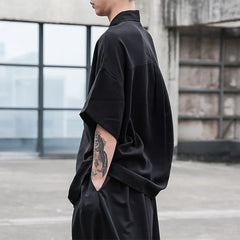 Threebooy Black Oversized Short Sleeve Shirt Men's Korean Style Drop Shoulder Shirt Harajuku Loose Single Breasted Shirt