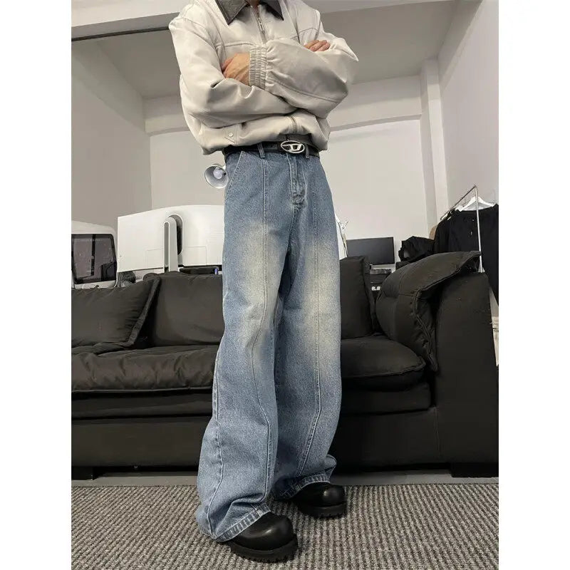 Threebooy  Jeans Men Loose Wide Leg Trousers Unisex low-rise jean Men's Denim Pants Old Blue Washed Male Jeans Straight Patchwork mop pants