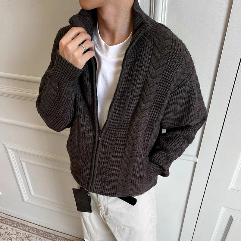 Threebooy  New Japanese Retro Men Cardigan Jacket Winter Light Luxury Trendy Turtleneck Knit Zip-up Long Sleeve Sweater Coat Premium Outfit