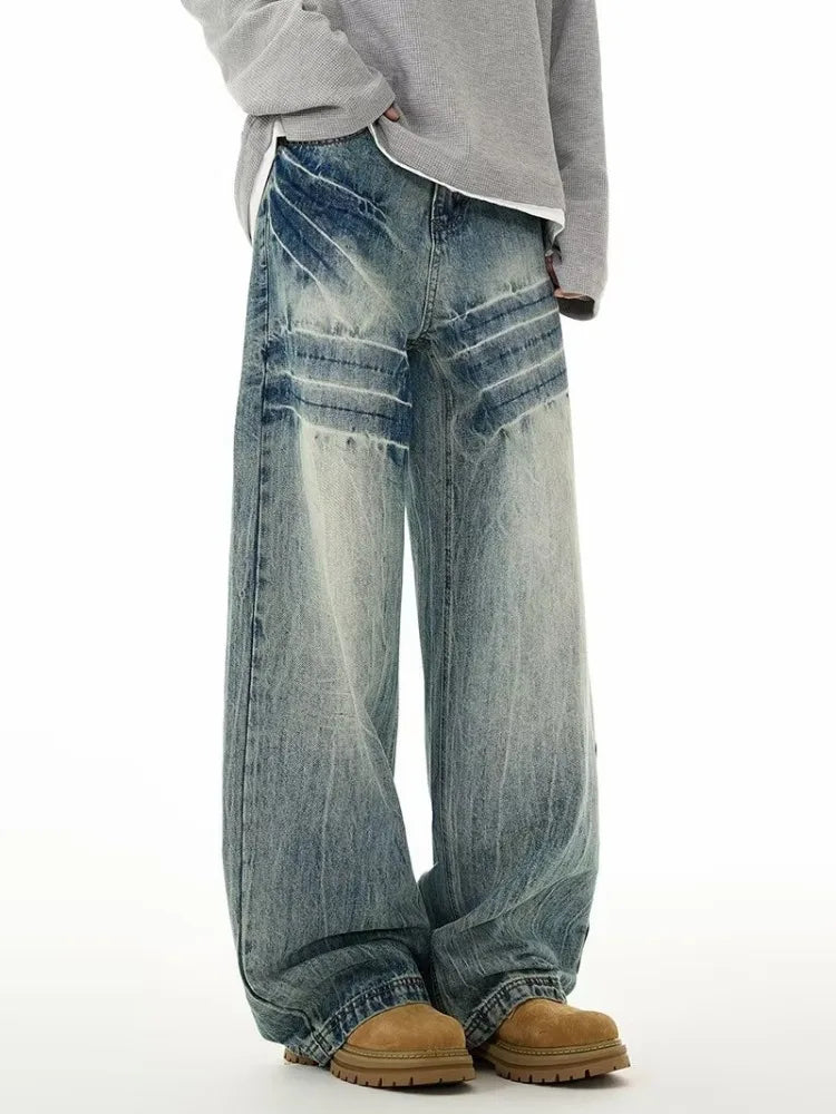 Threebooy  Men's Fashion Design Baggy Jeans Vintage Blue Personality Youth Streetwear Wide Leg Pants Korean High Street Male Denim Trousers