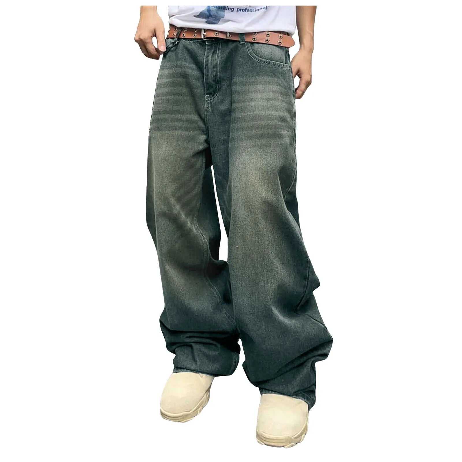Threebooy Men Baggy Denim Pants Wide Leg High Waist Belt Casual Trousers Loose Plus Size Stylish Streetwear Men's Hip Hop Streetwear