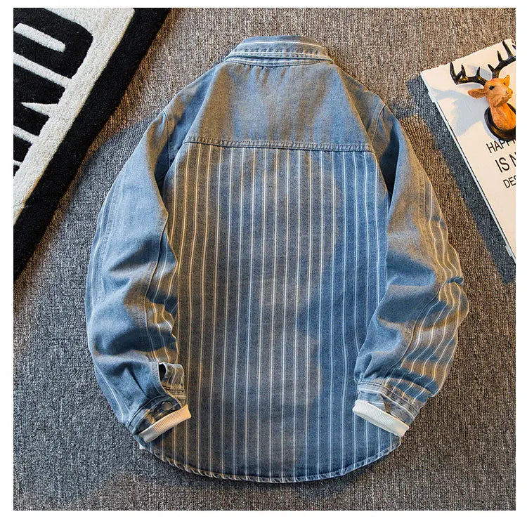 Threebooy American Striped Spliced Denim Jacket Men 2025 Autumn Trendy Handsome Men Women Casual Loose Work Shirt Jacket Aesthetic Chic