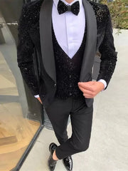 Threebooy  Black Men Suits 3 Pieces Shiny Blazer Vest Pants One Shoulder Sheer Lapel Sequins Tuxedo Wedding Formal Work Causal