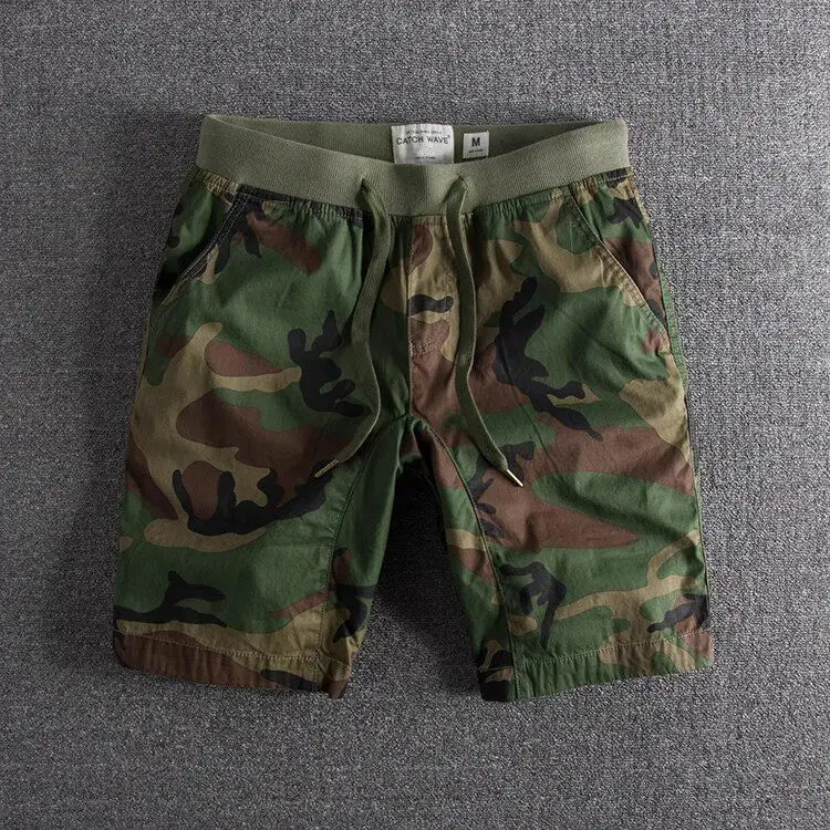 Threebooy  American Style Five-Quarter Short Shorts for Men Summer Outdoor Workwear Elastic Waist Durable Casual Camouflage Four-Quarter...