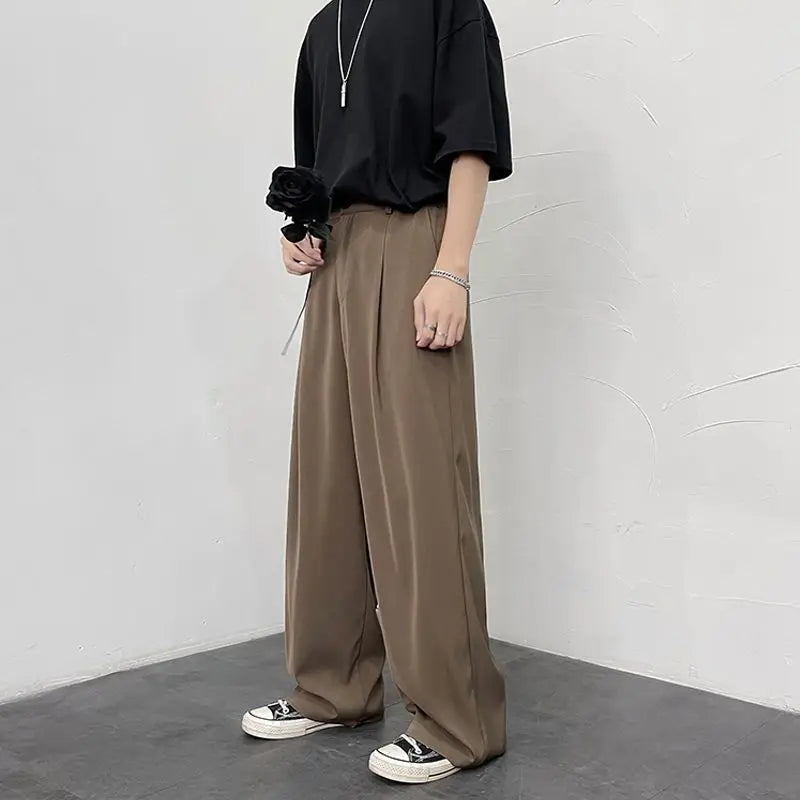 Threebooy Trousers For Men Brown Fluid Draped Baggy Stylish Tailoring Summer 2024 Man Suits Pants Clothing Premium Thin Casual Up