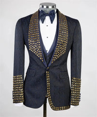 Threebooy  Men Suit Set 2 Pieces Trousers Golden Crystals Slim Fit Wedding Tuxedo Formal  Customized  For Wedding Prom