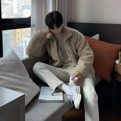 Threebooy Winter Lamb Wool Jacket Men's Loose Elegant Velvet Thick Cotton Jacket Hong Kong Style Casual Polar Fleece Padded Coat