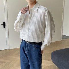 Threebooy Youth Pleated Long-Sleeve Korean Shirts For Men Oversize Men‘s Loose Elegant British Solid Color Cardigan Shirts Autumn Winter