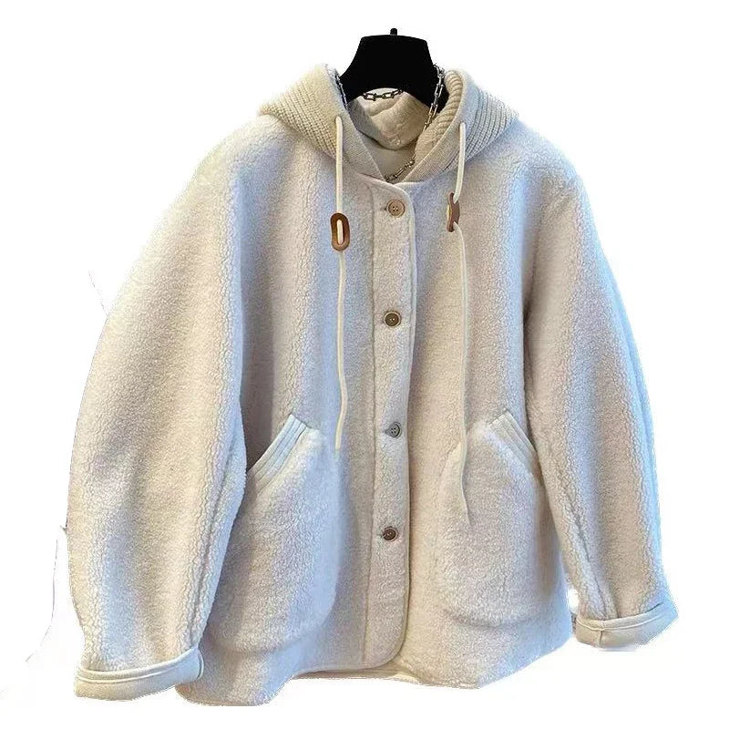 Threebooy Simple Niche Splicing Detachable Knitted Hooded Coat Women Autumn Winter Velvet Loose Casual Lamb Wool Warm Button Top