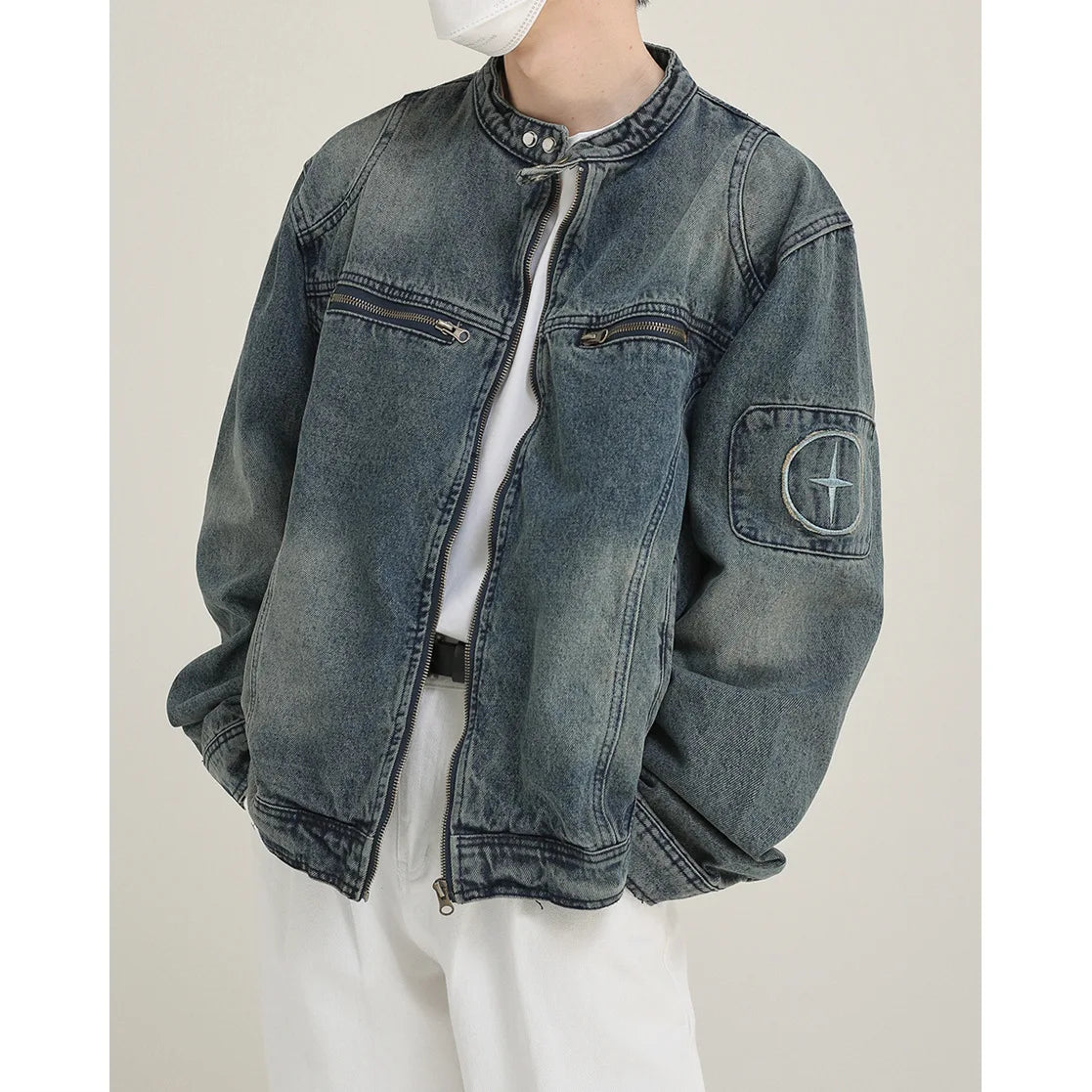 Threebooy 90s Streetwear American Workwear Denim Jacket Men's Spring Autumn New Style Loose Standing Collar Denim Jacket Top