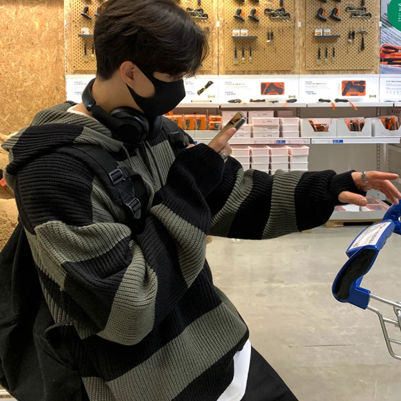 Threebooy Fashion Striped Sweater Men's Autumn Korean Version New Loose Trend Lazy Style Retro Hooded Pullover Sweater Jacket Chic