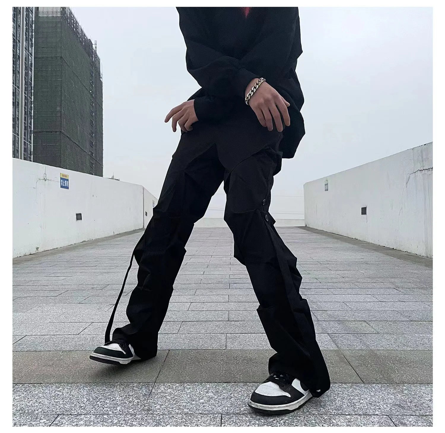 Threebooy Korean Streetwear Men Fashion Summer Pleated Overalls Men's Pants Loose Straight Button Casual Male Solid Color Trousers