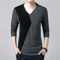 Threebooy  New Spring and Autumn Fashion Trend V-neck Panel Contrast Color Fashion Warmth Oversized Slim Fit Men's Bottom Shirt