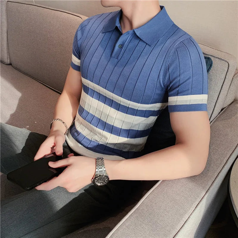 Threebooy  British Style Men's Fashion Lce Silk Stripe Knitting POLO Shirts/Male Slim Fit Short Sleeve Leisure POLO Shirts S-3XL