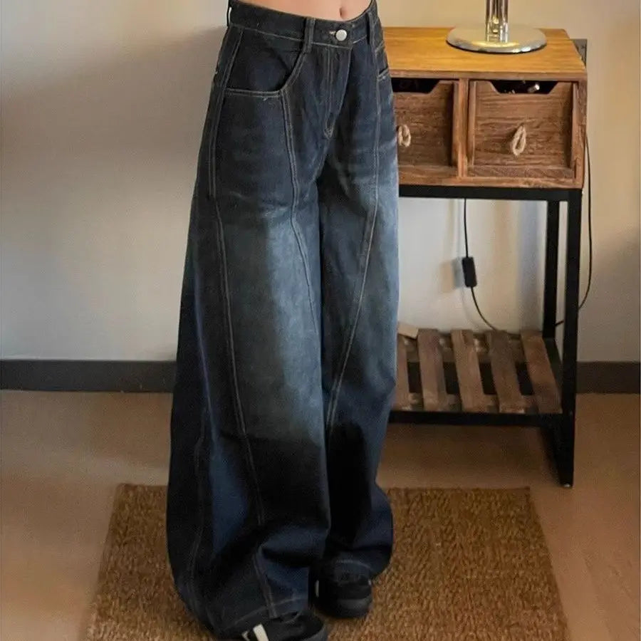 Threebooy New Spring and Autumn Street Men and Women Trendy Personalized Curved Knife Jeans Couple Loose Retro Wide Leg Casual Pants
