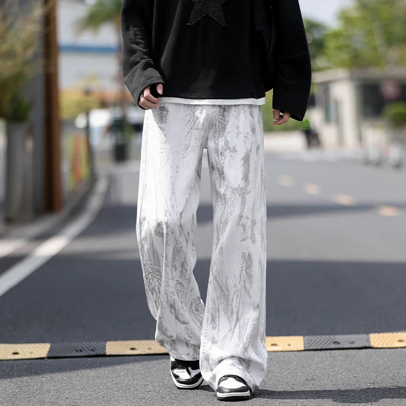 Threebooy Jeans Mens Classic Straight Leg Jeans White Tie Dye Denim Pants Unisex Fashion Casual Trousers Streetwear Hip Hop Style Washed