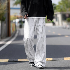 Threebooy Jeans Mens Classic Straight Leg Jeans White Tie Dye Denim Pants Unisex Fashion Casual Trousers Streetwear Hip Hop Style Washed