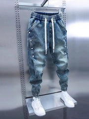 Threebooy  Light Blue Men's Jeans Elastic Waist Decorative Button Harlan Pants Spring Autumn Fashionable Slim Fit Harlan Trousers