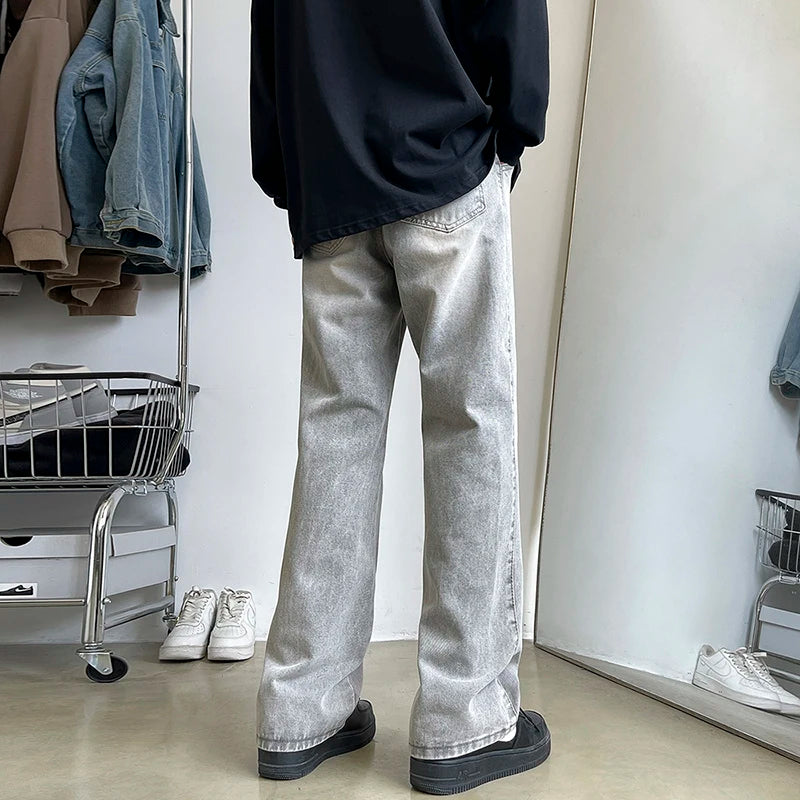 Threebooy  Men's Vintage Light Gray Bootcut Jeans Fashion Korean High Street Denim Trousers Elastic Waist Comfortable Pants Male Clothing