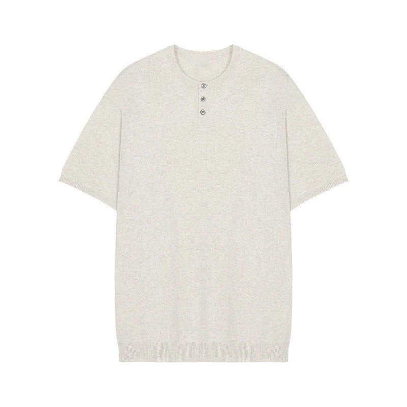 Threebooy  New Fashion Korean Style Men T-shirt Light Luxury Knitted Henry Collar Tops Casual Solid Color Short Sleeve Breathable Knitwear