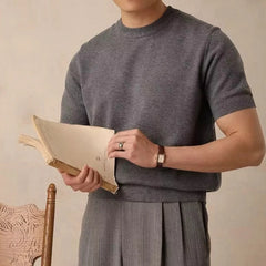 Threebooy  New Korean Fashion Men T-shirt Light Luxury Knitted Breathable O Neck Tees Casual Slim-fit Solid Color Short Sleeve Basic Tops