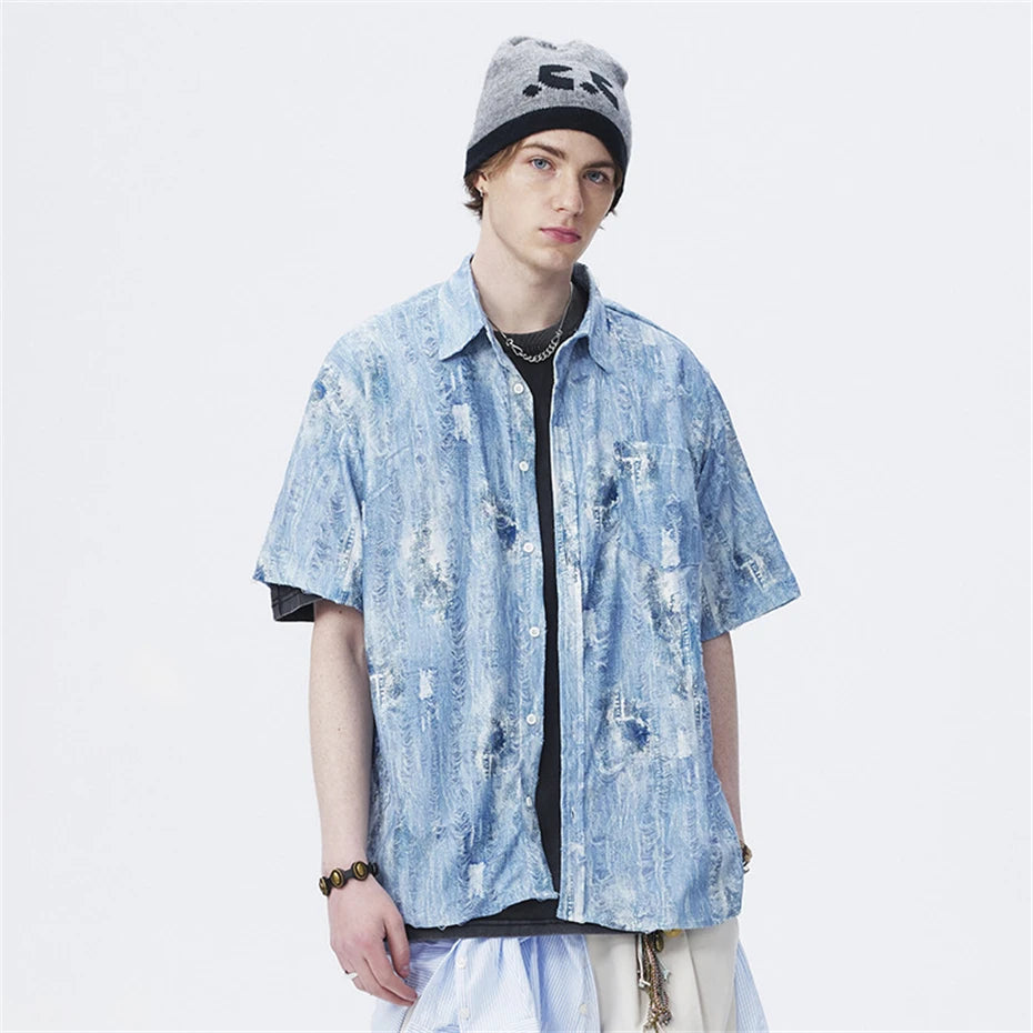 Threebooy  Summer Denim Short Sleeve Shirts Men Streetwear Hip Hop Ripped Hole Jeans Shirt Oversized Harajuku Tie Dye Casual Blouse Male