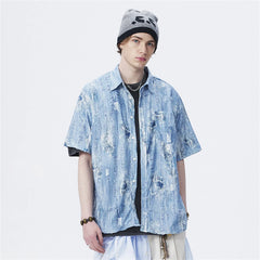 Threebooy  Summer Denim Short Sleeve Shirts Men Streetwear Hip Hop Ripped Hole Jeans Shirt Oversized Harajuku Tie Dye Casual Blouse Male