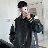 Threebooy Men's Retro Lapel Collar Motorcycle Pu Leather Baseball Streetwear Jacket Fashion Trend Loose outerwear Black Color Coats