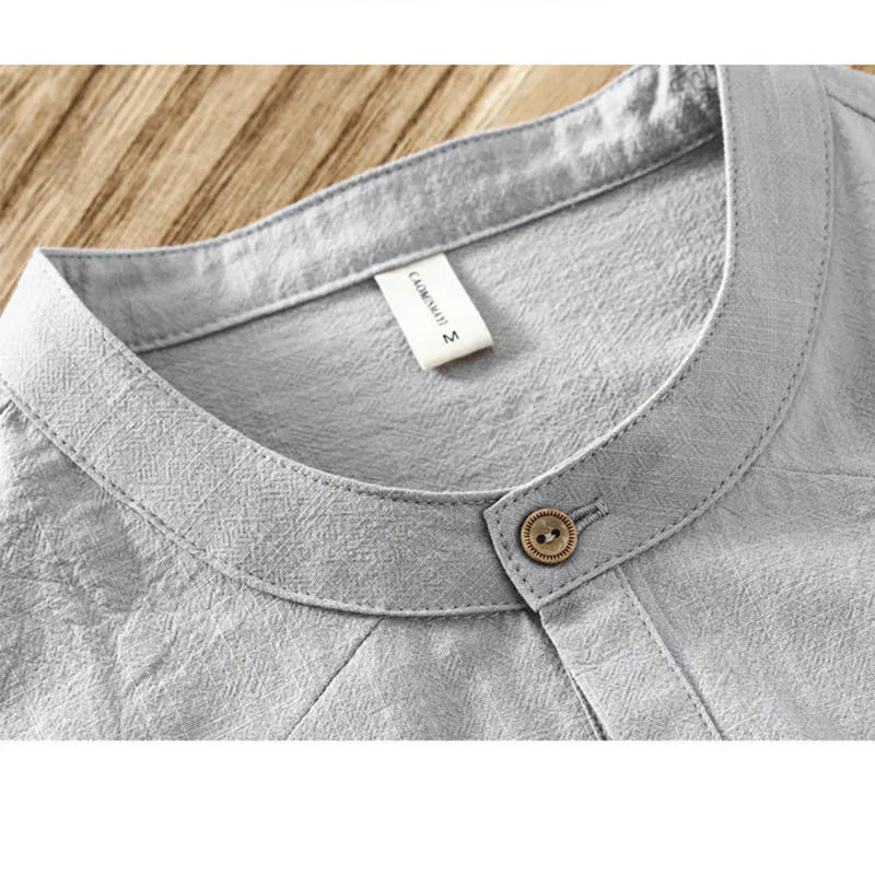 Threebooy Summer Men's Stand Collar Cotton Linen Shirt Casual Button Short Sleeve Beach Shirts Hawaiian T Shirts For Men
