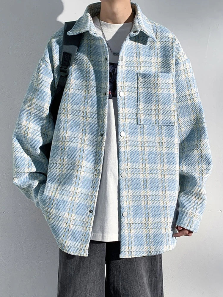 Threebooy  New Men's Houndstooth Button-up Cardigan Jackets High Street Fashion Plaid Long Sleeve Shirts Pocket Y2K Outerwear Jacket