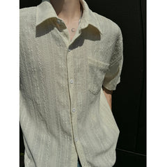 Threebooy Rice White Hollow Out Shirts for Men Handsome Lapel Blouse Ice Silk Sexy Fashion Men Clothing Male Mesh Short Sleeve Shirts