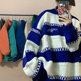 Threebooy Patchwork Striped Men's Knitted Sweater Blue Pullovers Punk Black Sweaters Male Oversize Korean Streetwear Hip Hop