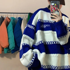 Threebooy Patchwork Striped Men's Knitted Sweater Blue Pullovers Punk Black Sweaters Male Oversize Korean Streetwear Hip Hop