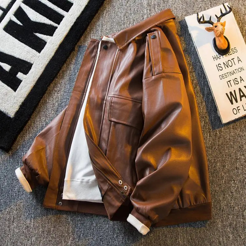 Threebooy Men's American Retro Cleanfit Brown Leather Jacket Men's Korean Style High-end Men's Trendy Pu Leather Jacket Aesthetic Chic