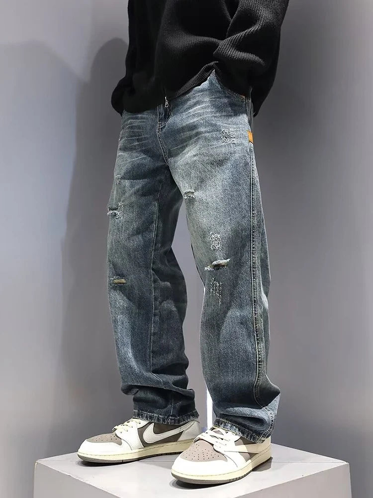 Threebooy  New Men's Ripped Jeans Baggy Straight Fashion Vintage Blue Denim Pants Personality Streetwear Hip Hop High Quality Male Trousers