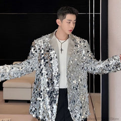 Threebooy Men's Sequins Blazer Glitters Bling Suit Jacket Singer Stage Shiny Clothing Black Silver Oversize Party Suit Coat Man