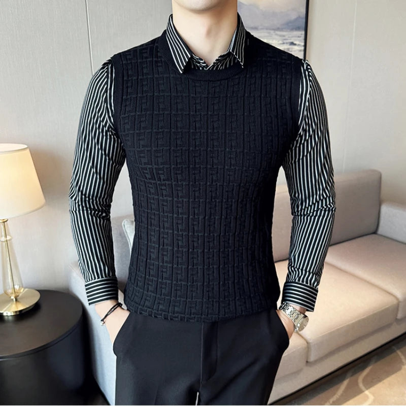 Threebooy  Clothing Men Autumn Winter High Quality Knit Sweaters/Man Fashion Plaid Fake 2 Pieces Shirt Collar Pullover Sweater Vest