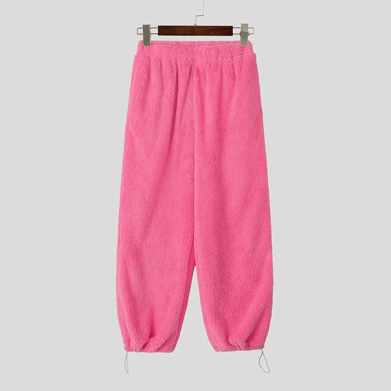 Threebooy  Men Pants Solid Color Elastic Waist Joggers Plush Fleece Trousers Men Streetwear Loose Fashion Casual Male Long Pants