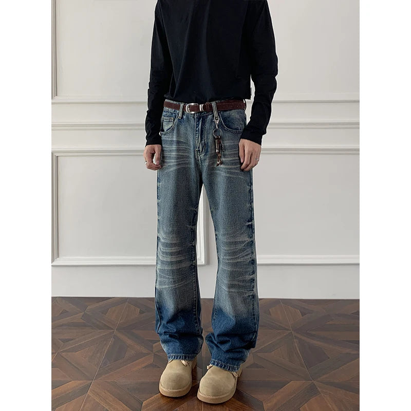 Threebooy Mens Straight Leg Jeans Business Casual Vintage Blue Denim Pants for Middle Aged Man Classic Fit man trousers