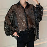 Threebooy 2024 New Starry Sky Mesh Sexy Long-sleeved Shirt Men's Loose Oversize Lapel Shirt Top Sun Protection Shirt See-through Blouse