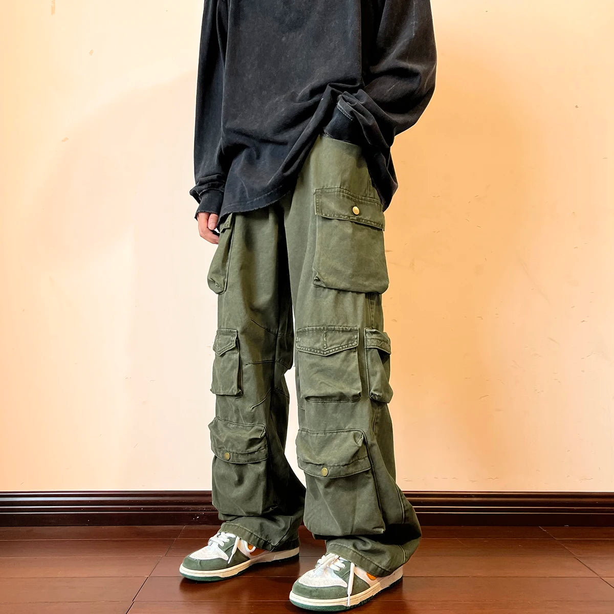 Threebooy Multi-pockets Cargo Pants Harajuku Streetwear Casual Tooling Pant Men's Hip-hop Mopping Trousers Vintage Daily Wide Leg Pants