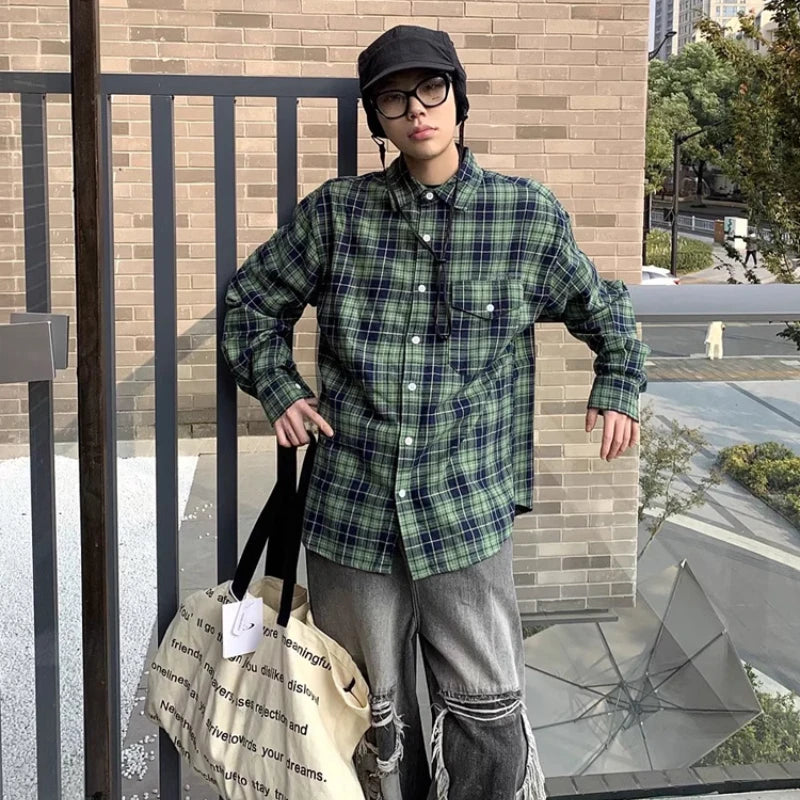 Threebooy Hipster Men Shirts Plaid Comfortable Temperament Long Sleeve Commuting Casual Harajuku Classical All-match Korean Spring Autumn