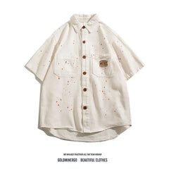 Threebooy American hip-hop men and women trendy splashed ink denim shirt for couples loose retro high-end wide casual top harajuku y2k