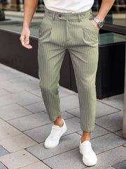 Threebooy  Men's Casual Vertical Striped Tapered Cropped Pants Gurkha High Waist Stretch Slim Fit Business Grey Navy Green Trousers