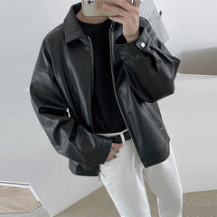 Threebooy  New Men's Casual Textured PU Leather Jacket Fashion Zipper Turn-down Collar Long Sleeve Coats High Quality  Korean Style Outfits