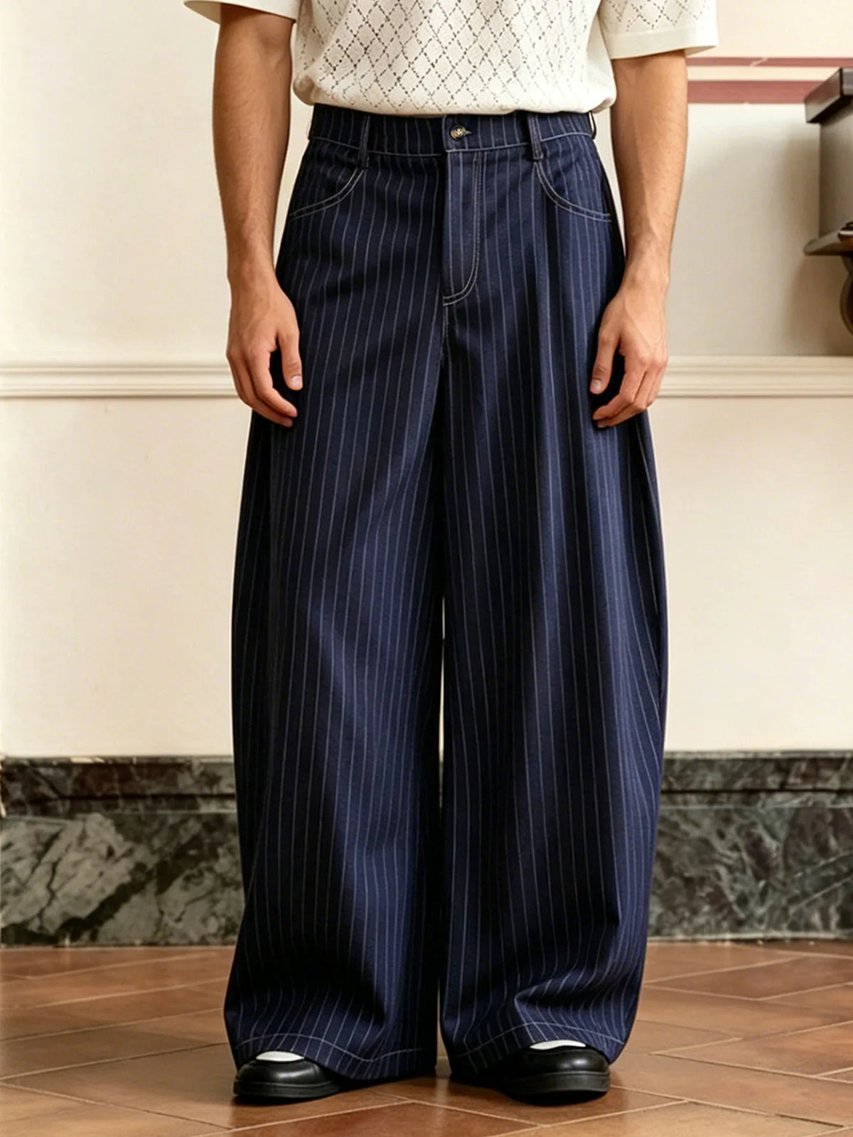 Threebooy  Men's Vintage Pinstripe Baggy Wide Leg Pants 97% Polyester 3% Elastane Pleated High Waist Business Casual Black Navy Trousers