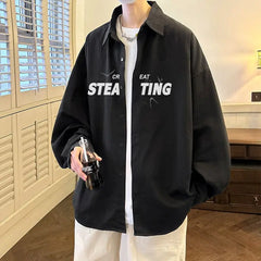 Threebooy  Spring and Autumn Men's New Splicing Square Collar Button Letter Fashion Loose and Versatile Casual Long Sleeve Shirts